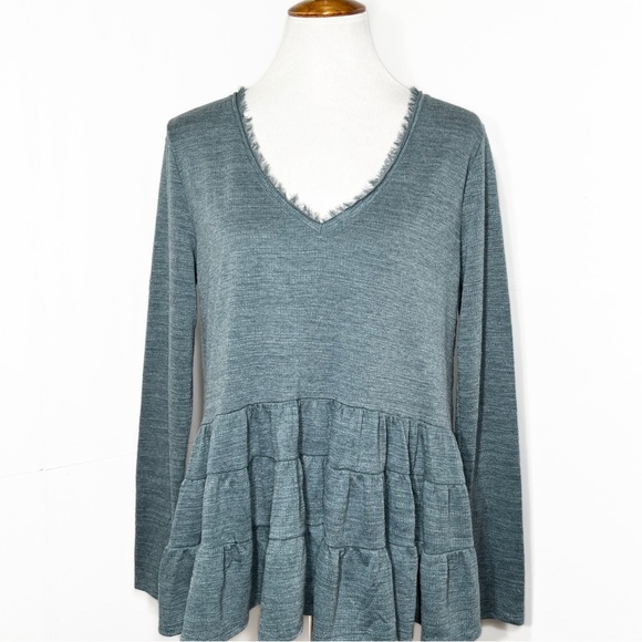 Anthropologie Teal Tiered Ruffled Peplum Long Sleeve V Neck Knit Top - Picture 7 of 10